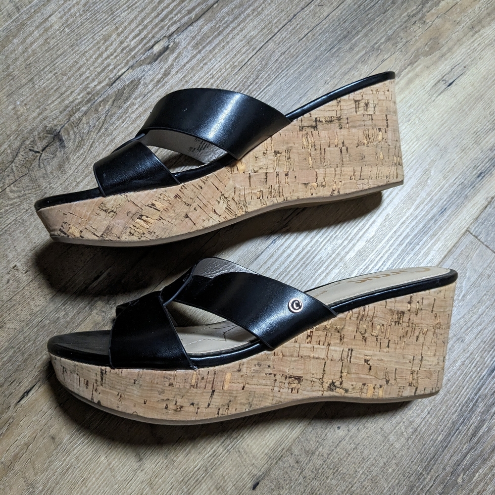 Circus by Sam Edelman Black Leather Cork Wedge Sandals